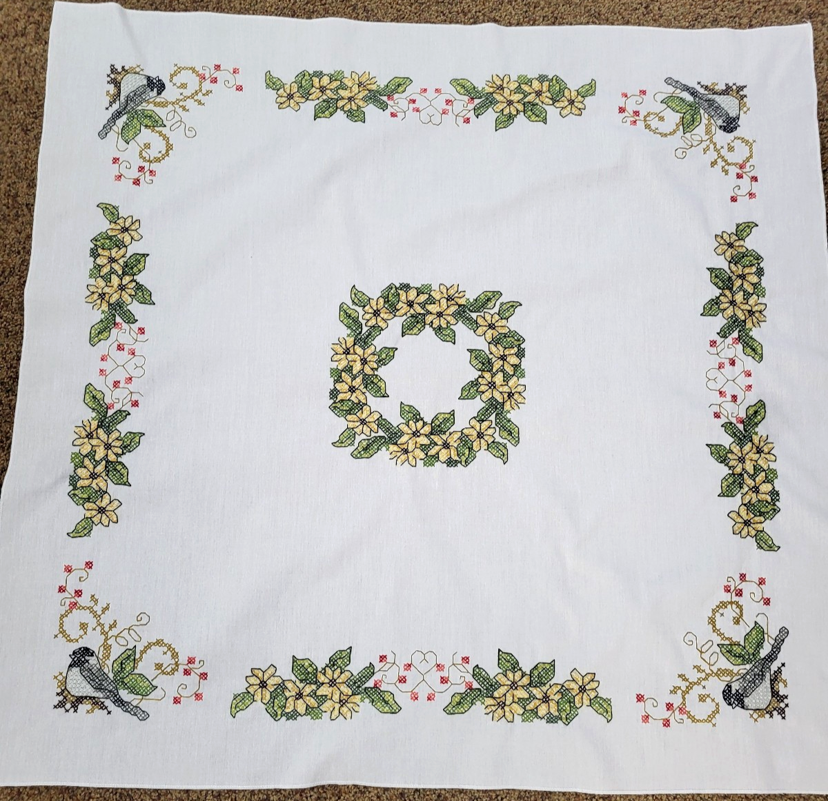 Completed Finished Cross Stitch FALL TABLE TOPPER Birds and Flowers | eBay