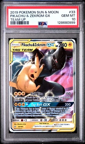 2019 POKEMON SUN & MOON TEAM UP #33 PIKACHU & ZEKROM GX PSA 10