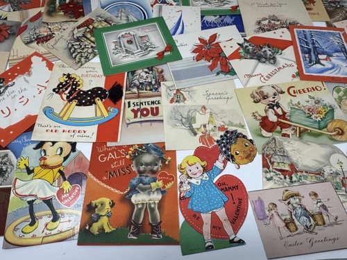 VTG 1930’s GREETING CARDS Christmas Valentine Birthday Flocked Die Cut Lot Of 50 - Bild 3 von 19