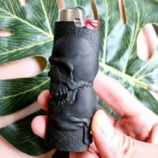 Skull Design Metal Lighter Case Cover Fits Standard Bic Lighter J6  Black Color