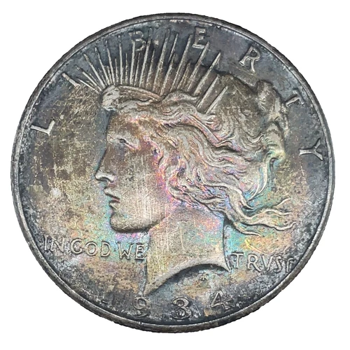1934-D Peace Dollar XF. Rainbow Toned 90% Silver $1 US Coin Collectible #271