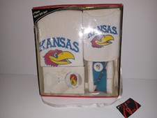Kansas Jayhawks Infant 4-Piece Baby Gift Set Creeper Bib Shoes Rattle