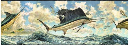 * SWORDFISH JUMPING OUT OF OCEAN BEACH WAVES BIRDS Wallpaper bordeR Wall Decor - Picture 1 of 3
