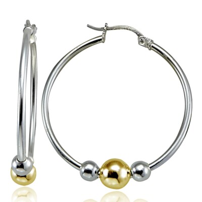 Sterling Silver with Gold Tone Beads Round Hoop Earrings, 28mm