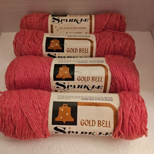 VTG Lot of 4 Skeins Gold Bell Yarn Sparkle Knitting Worsted 4 Ply 4 Oz. #130 Red