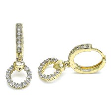 14K GOLD PLATED HUGGIE HOOP EARRINGS W/ WHITE CZ CIRCLE WITH HEART DANGLES M733