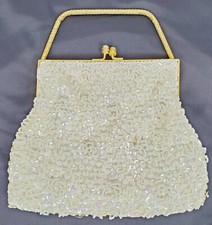 VTG Handmade Italian Beaded Clutch Purse Gold Handle Hong Kong Cream Satin
