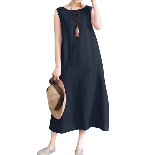 Langes ärmelloses Baumwoll-Leinen-Damenkleid Sommer Strand Freizeit Kaftan Kleid - Bild 12 von 17