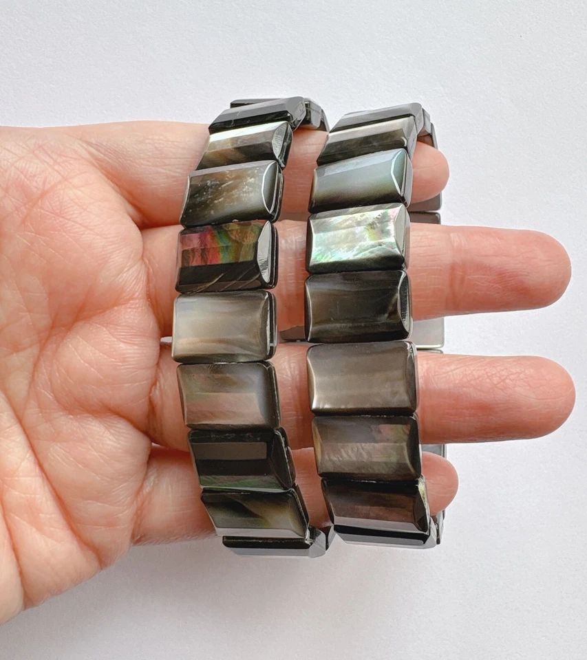 Black Mother of Pearl Step Cut Faceted Rectangle Beads Stretch Bracelet C9021 - Image 3 of 4