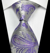 Hot Classic Paisleys Silver Purple JACQUARD WOVEN 100 Silk Men's Tie Necktie