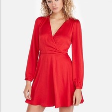 Express Satin Long Sleeve Surplice Fit and Flare Blouson mini Dress Red sz Small