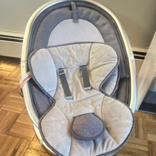Portable Gray and Beige Infant Baby Bouncer Chair with Harness and Curved Base