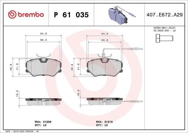 Brembo P 61 035 Bremsbelagsatz, Scheibenbremse FüR Peugeot-image