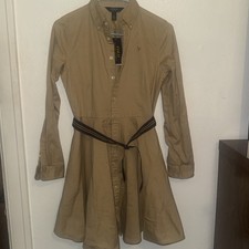 Polo Ralph Lauren Button Down Long Sleeve Belted Dress Khaki Size 16 Girls New