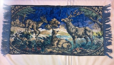 Vintage Samt Wandbehang Tierszene Landschaft Majestätischer Wildhirsch Gepard