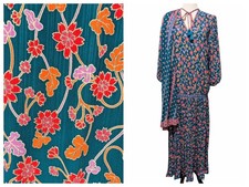 Diane Fries Vintage Women Sz M/L Georgette Teal Floral Pleats Shawl Tassel Dress