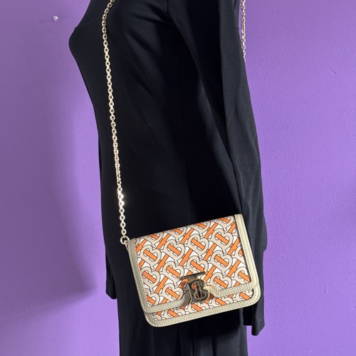 Burberry London TB Monogram Leather Handbag Chain Shoulder Bag Orange