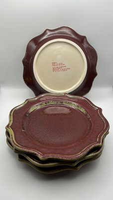 Bombay Tudor Scalloped Saucers Burgundy Brown Set of 4 Rustic Stoneware