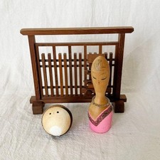 Sosaku Kokeshi Doll with Wooden Screen Pink Bead Necklace Collectible 15+