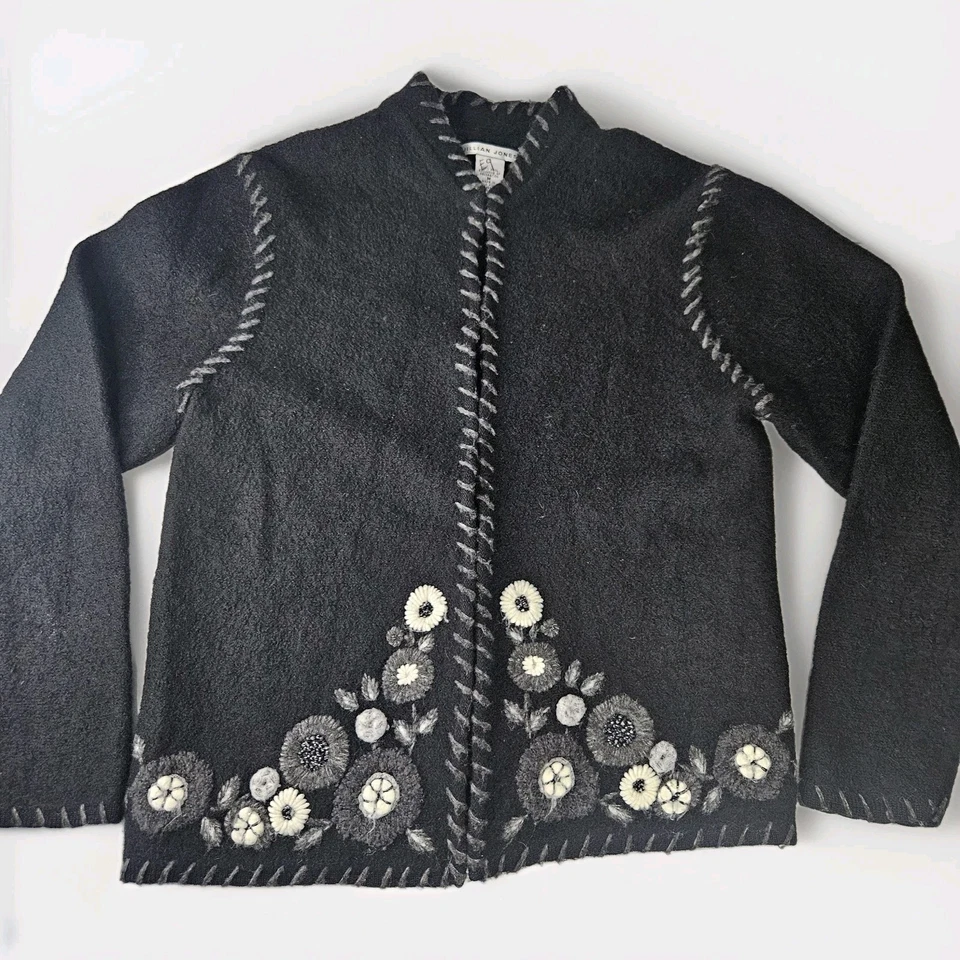Cardigã suéter vintage Jillian Jones lã costurado médio flores bordadas - Imagem 2 de 4