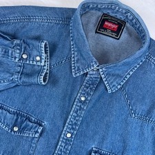 Wrangler Hero Denim Western Shirt Mens 2XL Blue Rustic Dark Stone Pearl Snap