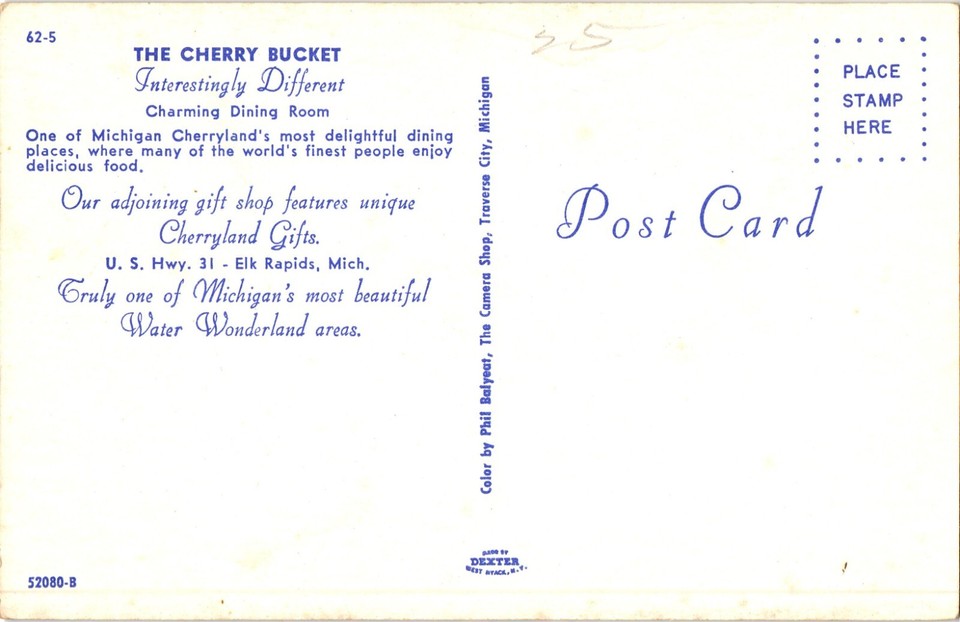 The Cherry Bucket Restaurant Advertising Elk Rapids MI Chrome Postcard