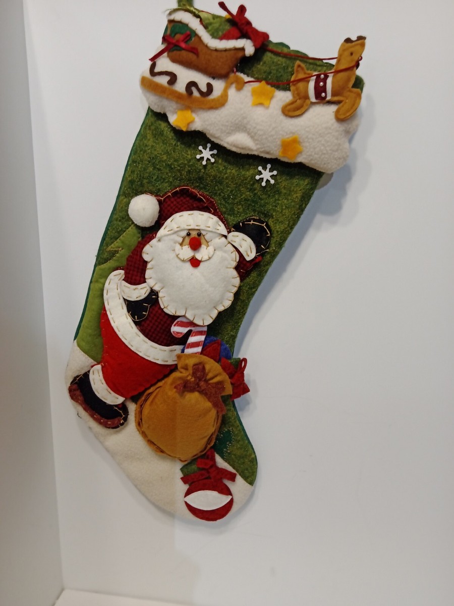 Christmas Stocking Santa Holding Gift Sack Sleid Reindeer Red Green Beige
