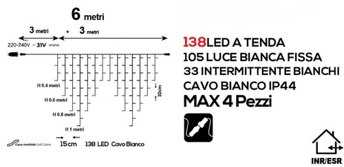 LUCI DI NATALE ESTERNO TENDA STALATTITI 3 METRI 138 LED LUCE FREDDA IP44 FLASH - Foto 6 di 6