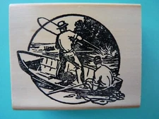 Fishermen in Boat - Water Landscape Scene Rubber Stamp