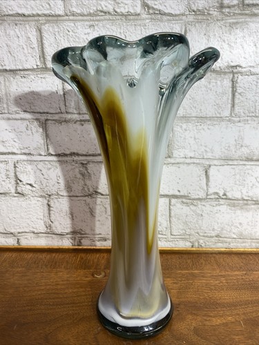 Murano Style Butterscotch Blown Art Glass Vase Caramel White Scallop Top 11" H - Picture 4 of 22