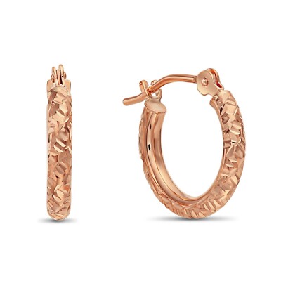 14K Real Solid Gold Hand Engraved Diamond-Cut Round Small Hoops Earrings 13mm