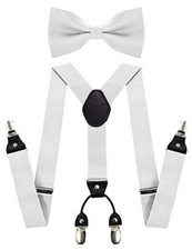 Solid Color Suspender and Silk Bow Tie Sets for Men White
