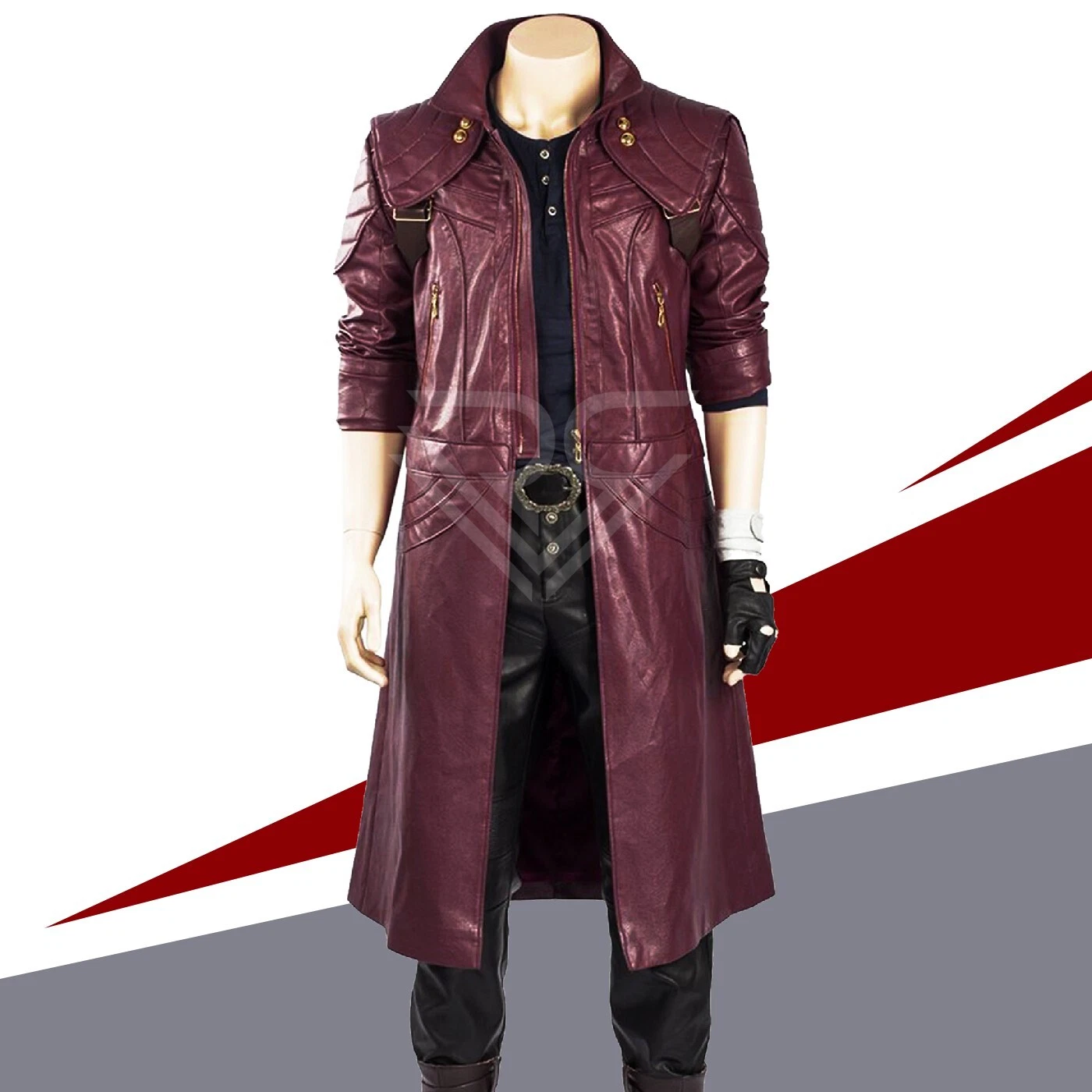 May Cry Dante's Long Maroon Leather Coat Men's Gaming Cosplay Trench Jacket
