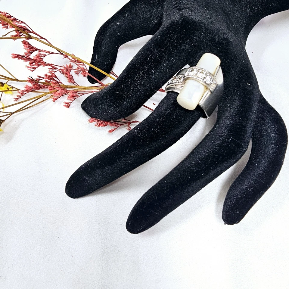 Bague De Style Art Déco Tank Argent 925 Nacre Zircons  Taille 54 Poinçon 925 - Photo 4/4