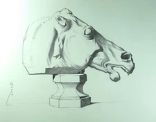 Horse Head Sculpture Drawing in Graphite - Classical Bargue Animal Drawing