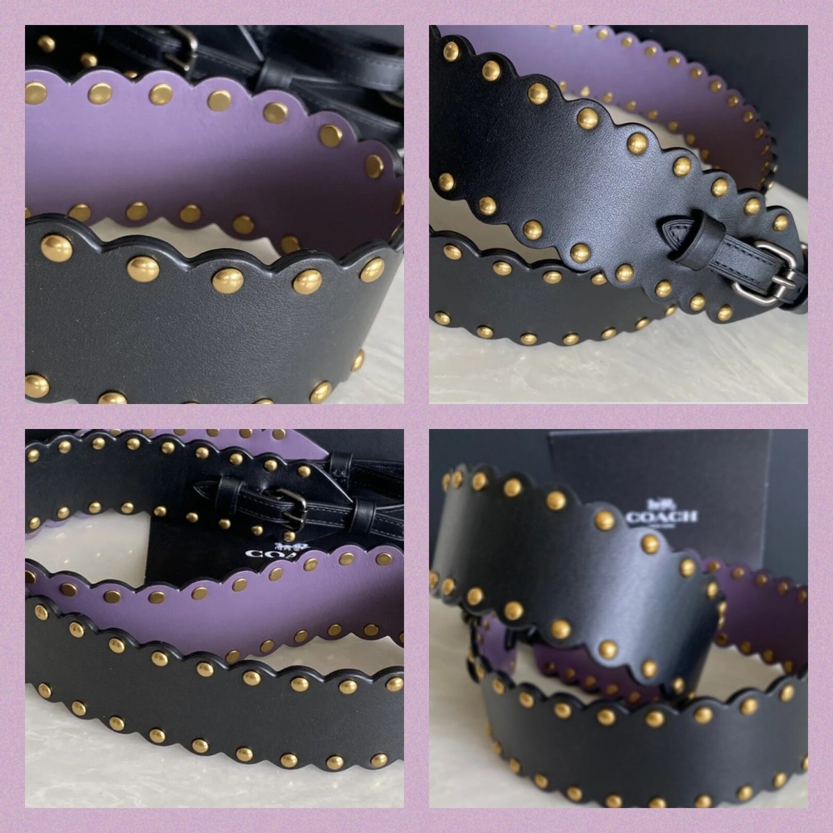 COACH SCALLOPED BLACK / PURPLE LEATHER RIVETS NOVELTY STRAP  display picture 3