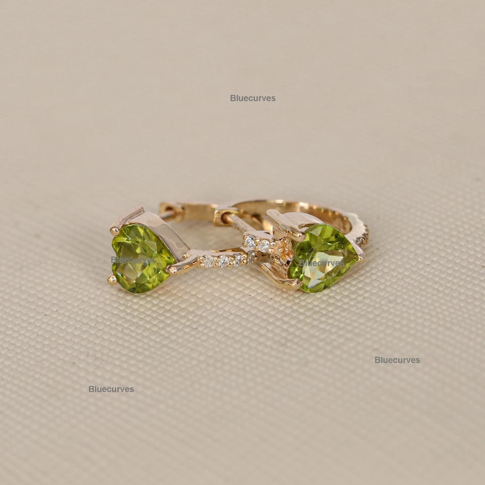 6mm Heart Natural Peridot with Studded Diamond Heart Hoops Earrings 14k Gold - Image 4 of 4