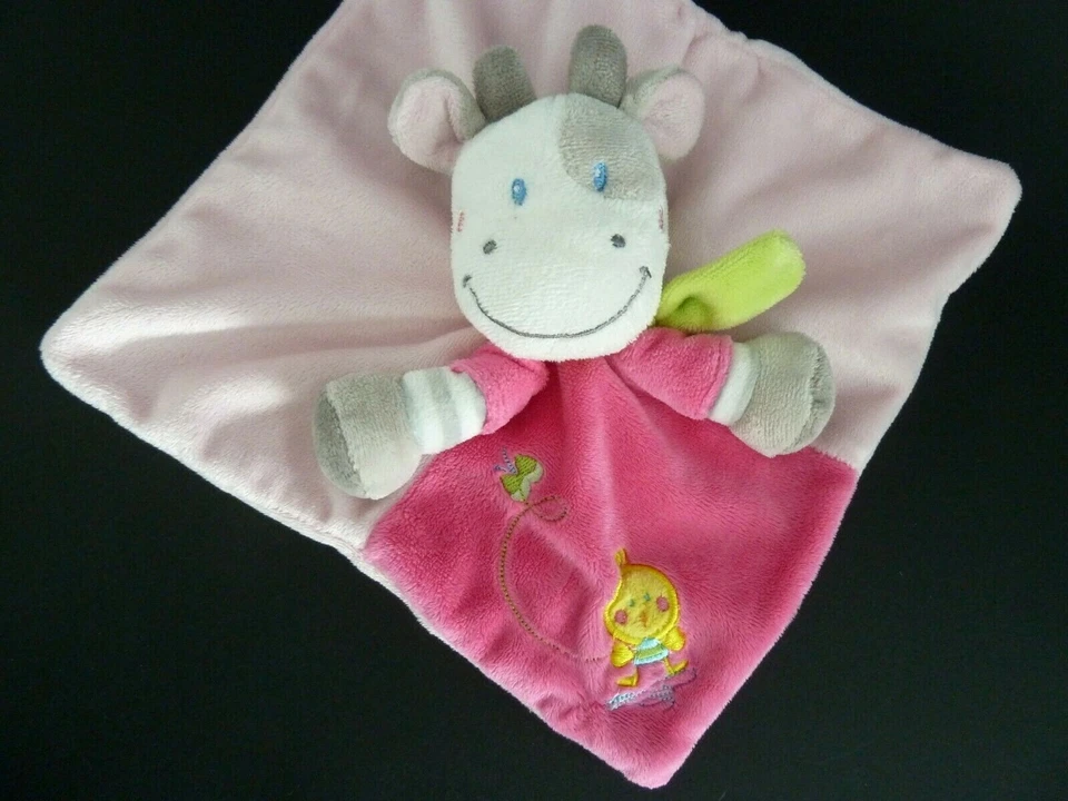 *. DOUDOU PLAT NICOTOY VACHE ROSE OISEAU JAUNE ECHARPE VERT PLAQUE - TTBE - Photo 3/3