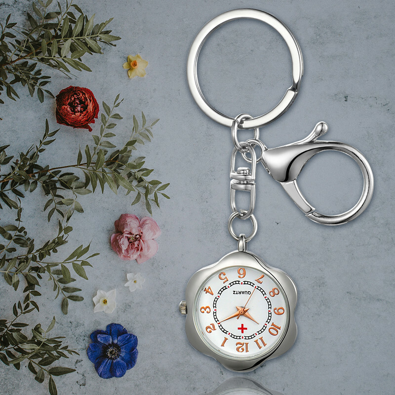 Orologio Portachiavi A Quartz Con Clip - Numeri Arabi E Cassa Floreale - Idea Regalo