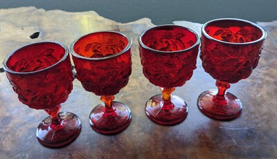 Madonna Inn Ruby Red Goblets Wild Rose Fenton LQ Wright 5'' Set Of 4