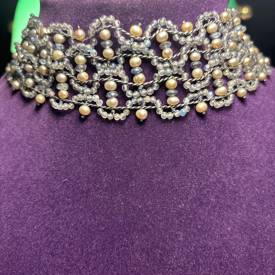 RARO Collar Gargantilla Miguel Ases Piedra Luna Perlas Agua Dulce Plata de Ley Foto 2 de 4