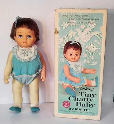 Vtg 1960s Mattel Tiny Chatty Baby Doll in Original Box 1962 Blue Eyes and Outfit