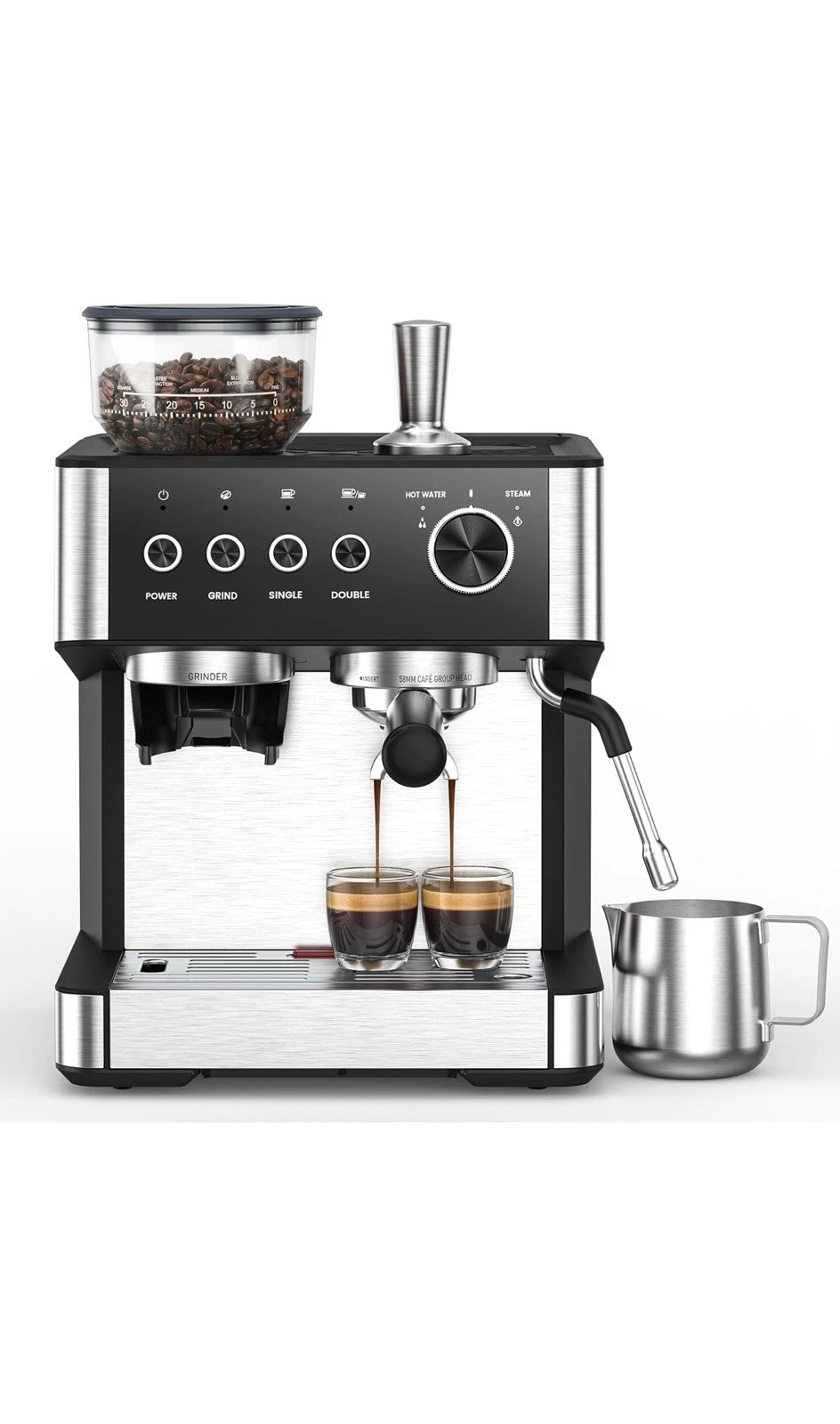 Espresso Machine 20Bar with Built-in Anti-Clog Coffee Grinder,Stainless Stee...