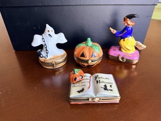 Lot of 4 Limoges Peint Main Halloween Trinket Boxes Ghost Witch Pumpkin Book