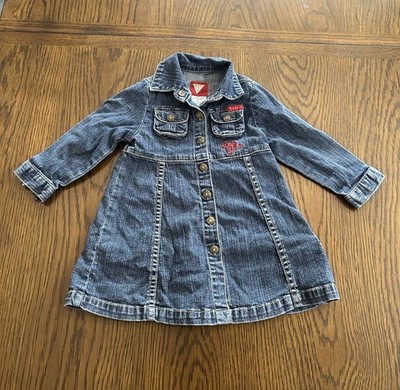 GUESS Girls Blue Denim Jacket Dress 24M Long Sleeve Button Front Embroidered