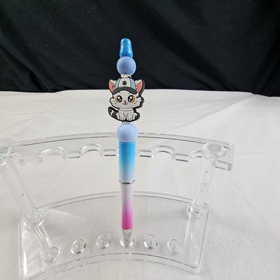 Kitty Cat With Hat Blue Silicone Beaded Refillable Pen Extra Black Ink 