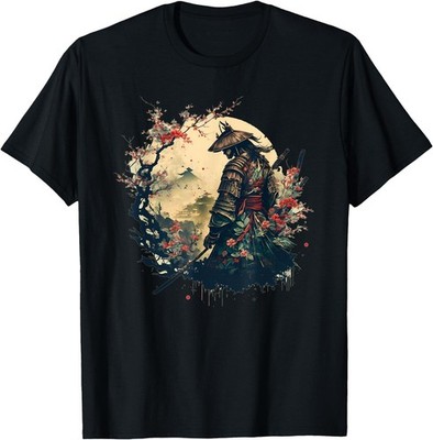 Samurai Warrior with Katana Mount Fuji Cherry Blossom Art T-Shirt