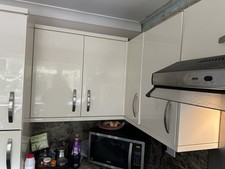 White Gloss L-Shape Kitchen Units Set 12pc Wall/Base/Tall, Drawers Hinged
