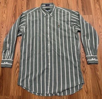 Chaps Ralph Lauren Shirt Mens Large Green Stripe Crest Vintage Made In USA