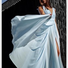 Mac Duggal 55321 Plunge V-Neck Pleated Chiffon Gown Powder Blue Size 4 NEW